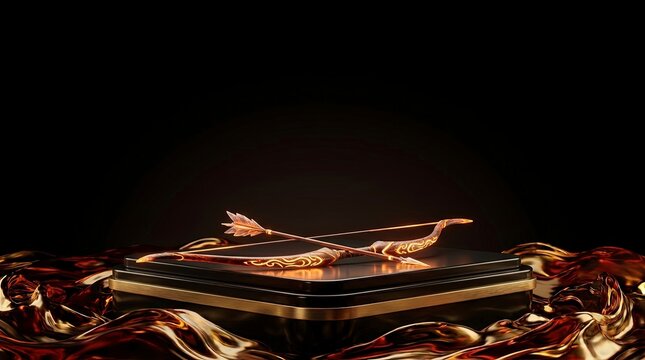Ancient ornate recurve bow and arrow resting on luxury black platform with silk drapes