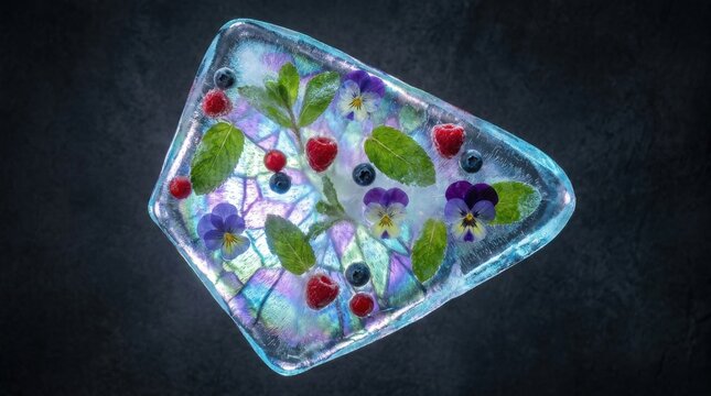 Triangular Ice Chunk with Embedded Frozen Flowers and Berries