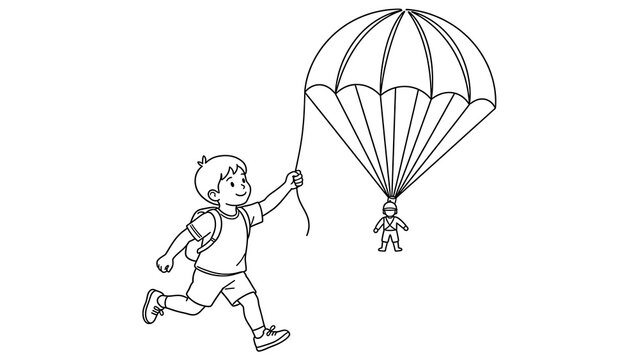 Boy running with parachute white background.