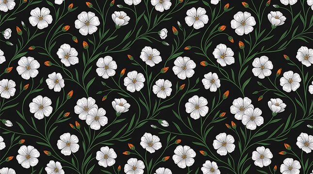 Seamless floral pattern with white flax flowers and green stems on a black background