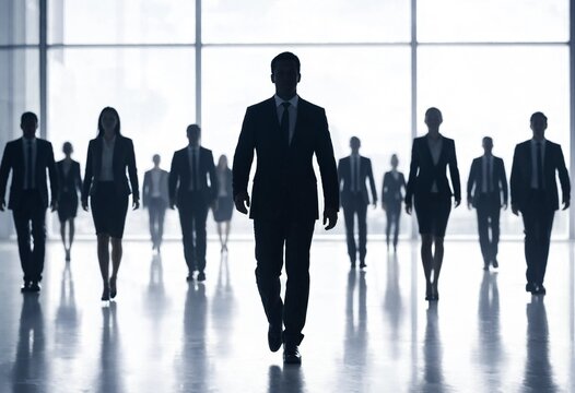 Silhouettes of people walking through fog create an abstract corporate concept representing teamwork, leadership, recruitment, career growth, uncertainty, innovation, and future business opportunities