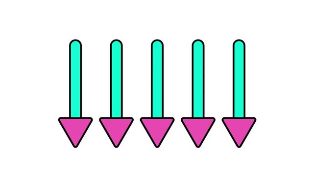 animation of five colorful arrows pointing downwards. HD video with white background. Seamless looping video.