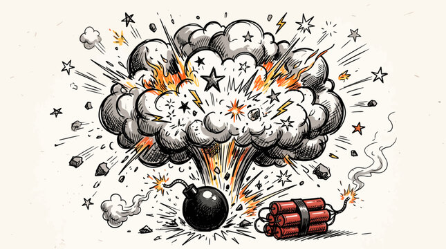 Cartoon bomb explosion illustration with dynamite sticks and smoke cloud