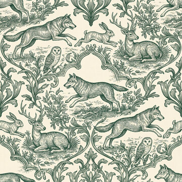 Vintage seamless pattern featuring detailed hand drawn forest animals like wolves deer and owls amidst ornate baroque floral scrolls in a classic dark green and cream etching style
