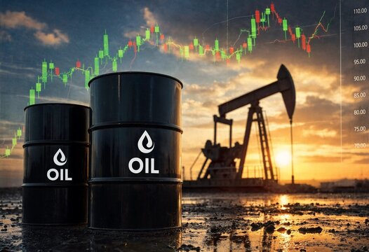 Crude oil barrels and extraction machinery illustrate fossil fuel production, energy trading, financial markets, commodity prices, industrial infrastructure, investment, supply, demand, and global eco