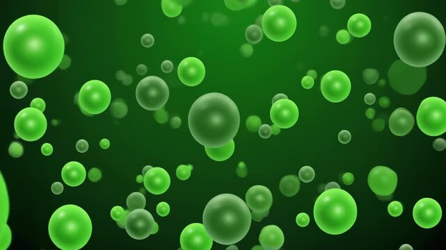 Abstract green spheres floating background: dynamic 3 d motion for science and technology bubbles