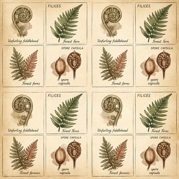 Vintage botanical illustration grid featuring detailed fern life cycle stages including unfurling fiddleheads and spore capsules on aged parchment paper for scientific educational design