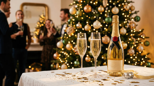 Celebrating the arrival of a brand new year with loved ones filled with joy laughter and sparkling champagne toasts under the beautifully decorated christmas