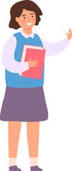 Fototapeta premium Young student standing, holding a book and waving, symbolizing education and a friendly greeting