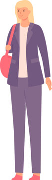 Woman smiling, standing in a business casual outfit, carrying her shoulder bag