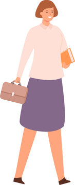 Smiling woman walking, carrying a briefcase and book, representing business and education