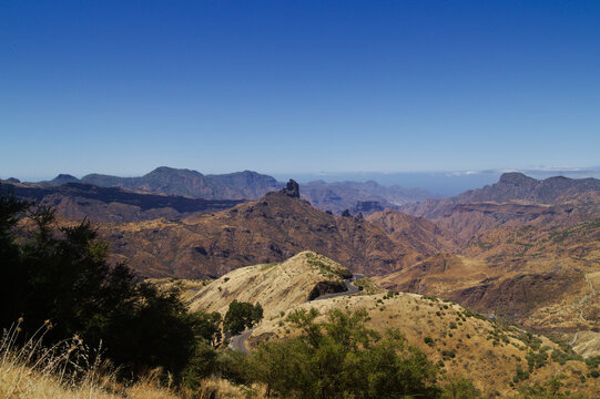 Gran Canaria, landscape of the central part of the island, Las Cumbres, ie The Summits, Roque Bentayga formation in Caldera de Tejeda
