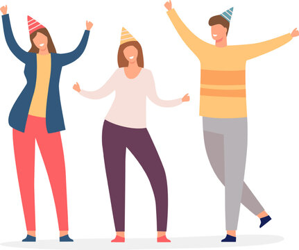 Three happy people celebrating an event together, wearing colorful party hats and dancing
