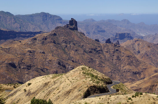 Gran Canaria, landscape of the central part of the island, Las Cumbres, ie The Summits, Roque Bentayga formation in Caldera de Tejeda
