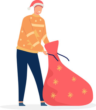 Man in festive sweater opening a large red sack with gifts for holiday season