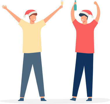 Two friends celebrating Christmas and New Year with raised hands and drinks