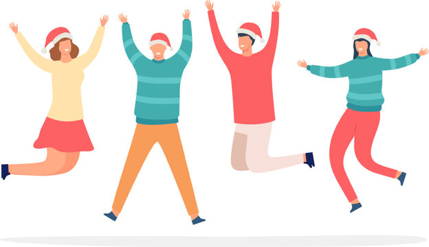 Group of diverse people jumping in celebration of Christmas or New Year