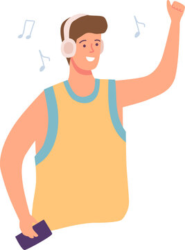 Happy young character listening to music with headphones holding a smartphone