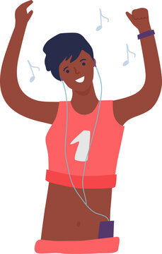 Happy person listening to music with earphones, moving and having fun