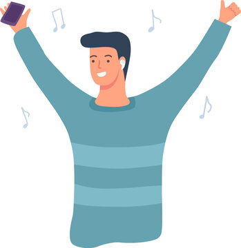 Young man smiling and dancing, listening to music from a smartphone with wireless earbuds