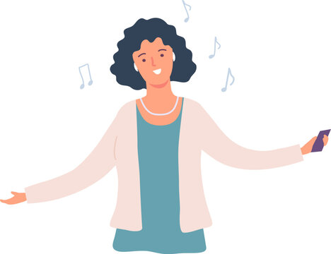 Smiling woman listening to music while holding a smartphone