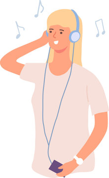 Happy woman listening to music with headphones, feeling joy and relaxation