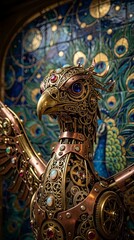 Fototapeta premium Steampunk mechanical phoenix with peacock background