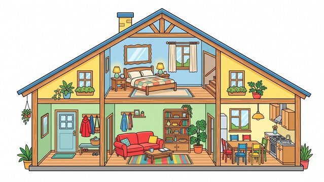 Detailed cross section illustration of colorful suburban house interior rooms displayed on white background