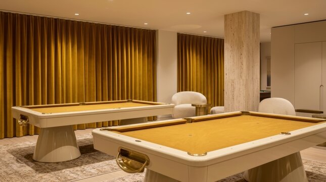 Luxury game room with two cream billiard tables in gold felt, mustard velvet curtains and boucle armchairs. High-end residential entertainment and games room design