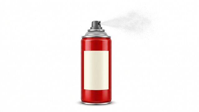 Red spray paint canister releasing a fine mist of aerosol paint onto white background