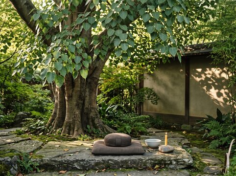 Meditation cushion resting on stone platform in garden