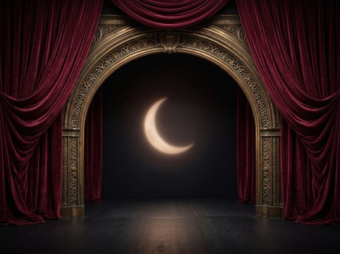 Crescent moon backdrop on stage framed by red curtains