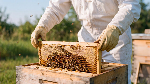 A beekeeper in a beekeeping suit lifts a honeycomb frame covered with bees from a wooden hive. Concept of beekeeping, honey harvesting, and natural pollination at an apiary.