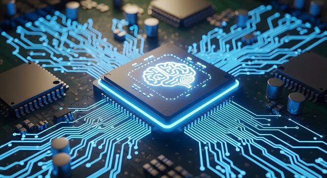Central computer processor chip with glowing brain icon on a circuit board