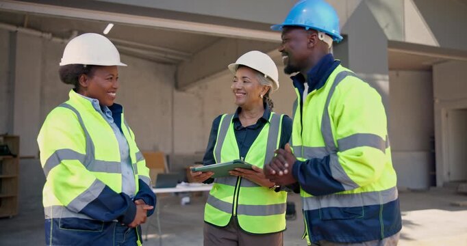 Architect, people and meeting with handshake on construction site for building agreement or deal. Happy, contractor or civil engineer shaking hands with team for partnership or architecture project