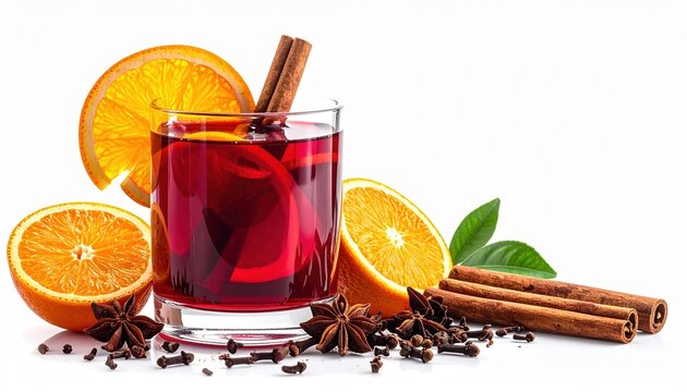 Glass of mulled wine with cinnamon and orange isolated on white background