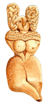 Mehrgarh female terracotta figurine mother goddess, Balochistan Pakistan (ca. 3000 BC). Chalcolithic fertility idol with double-coiled coiffure and heavy necklace, ancient Indus art. Artwork.