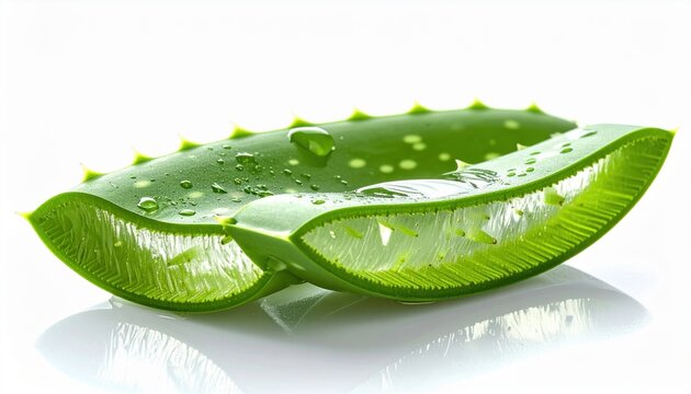 Fresh sliced aloe vera leaf with transparent gel, isolated on white