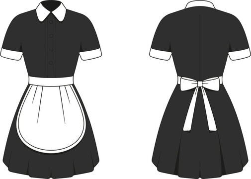 Maid dress vector illustration featuring front and back views with a white apron, collar, cuffs, and bow