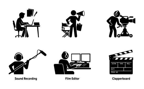 Filmmaking Icons Set: Director, Camera Operator, Sound Recordist, Film Editor, Clapperboard