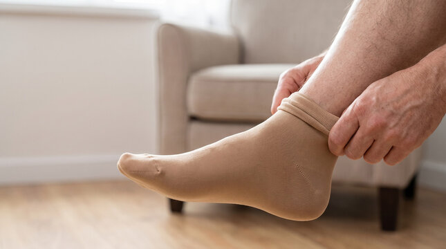 Person Putting on Compression Stocking for Leg and Circulation Support