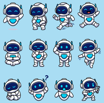 Cute blue robot character expressions and poses vector set