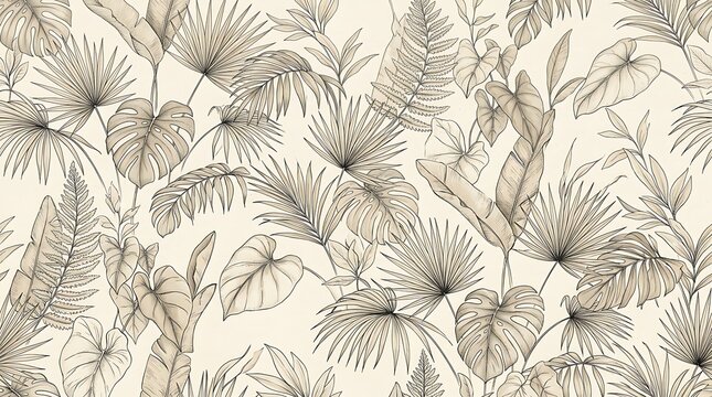 Seamless pattern with handdrawn tropical leaves and exotic plants in vintage botanical style