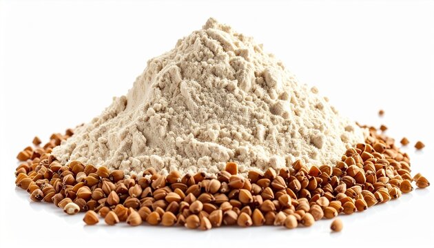 Buckwheat flour with buckwheat grains, isolated on white background, rustic food photography
