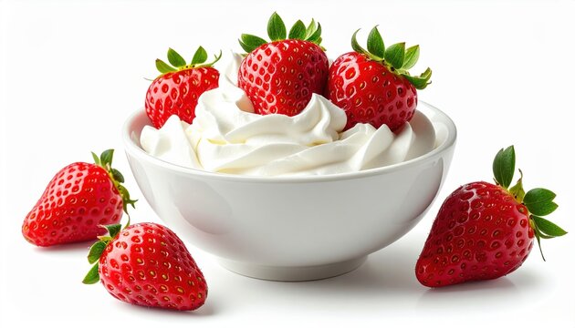 Bowl of whipped cream topped with fresh strawberries, dessert concept, isolated on white