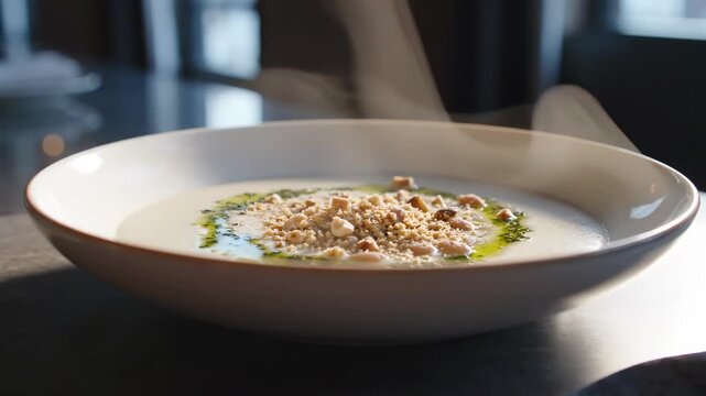 Silky plant-based cream soup rests beneath a toasted nut crumble and emerald herb oil, with soft vapor drifting upward through cool side light for an elegant minimalist vegan dining setting.