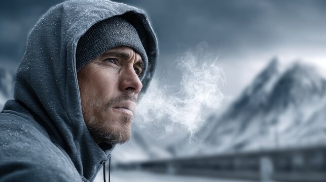 Man exhales smoke while reflecting on a cold mountain landscape