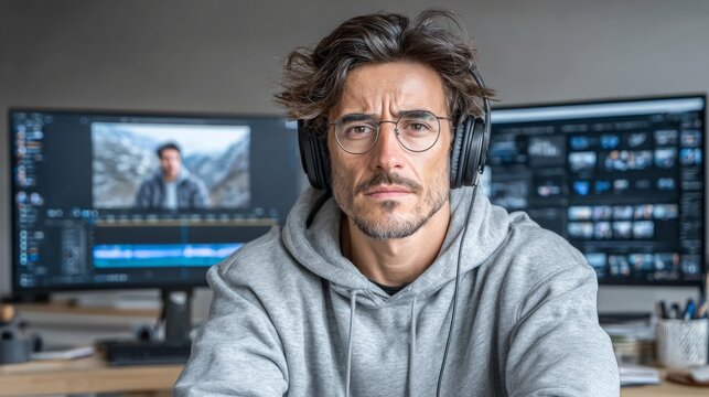 Creative professional edits content at workstation with multiple screens in modern studio