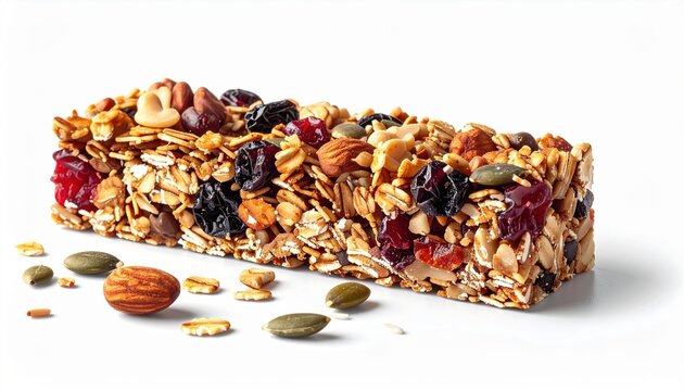 Organic granola bar cut in half showing nuts and seeds, isolated on white background