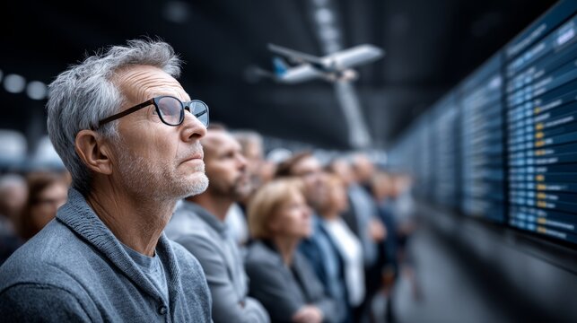 Passenger waits at airport gate, anticipating flight departure process and schedule changes